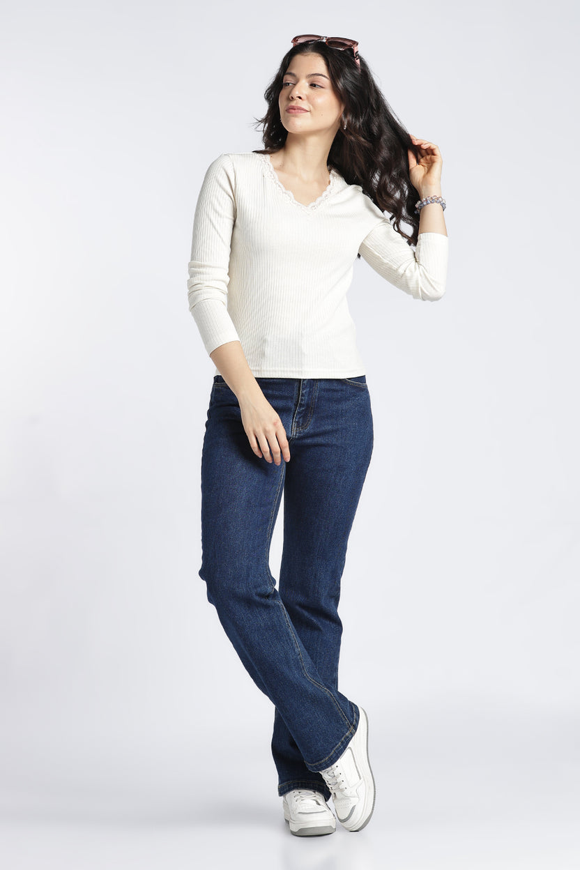 Womens Regular V-Neck Off White Lace Top - Image 6
