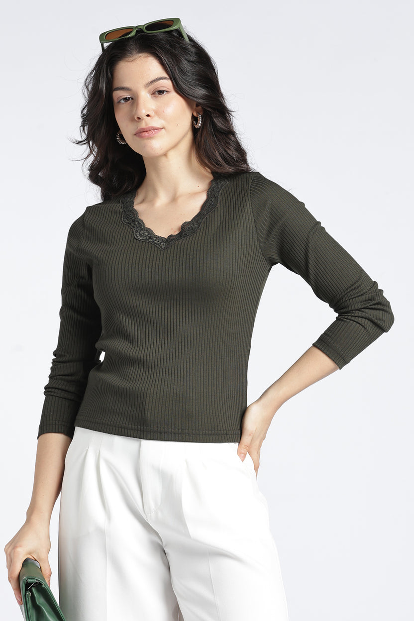 Womens Regular V-Neck Olive Lace Top - Image 1