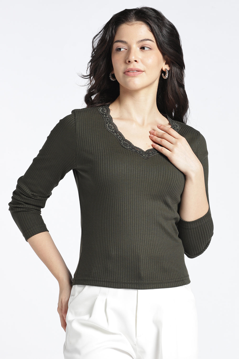 Womens Regular V-Neck Olive Lace Top - Image 2