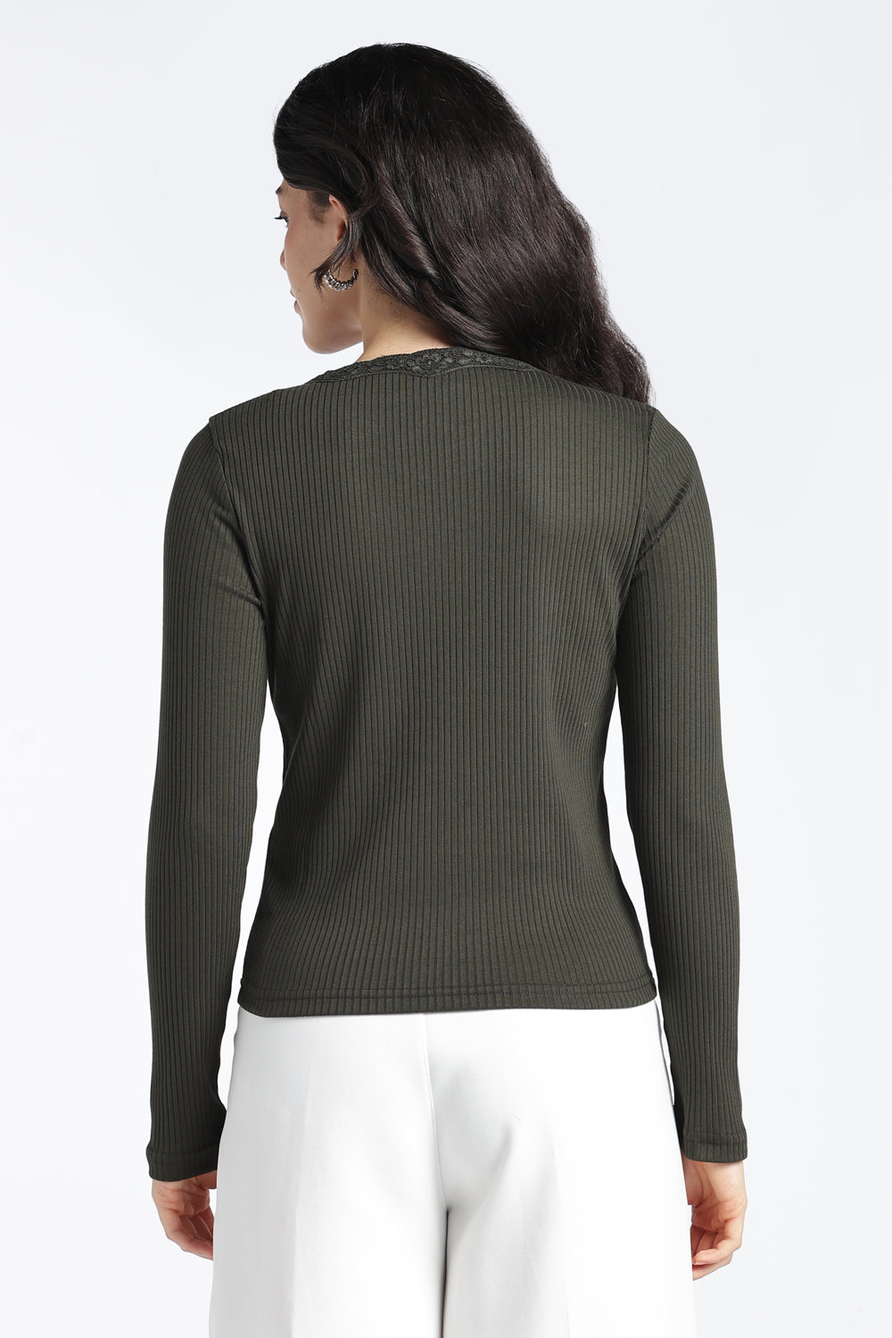 Womens Regular V-Neck Olive Lace Top - Image 5