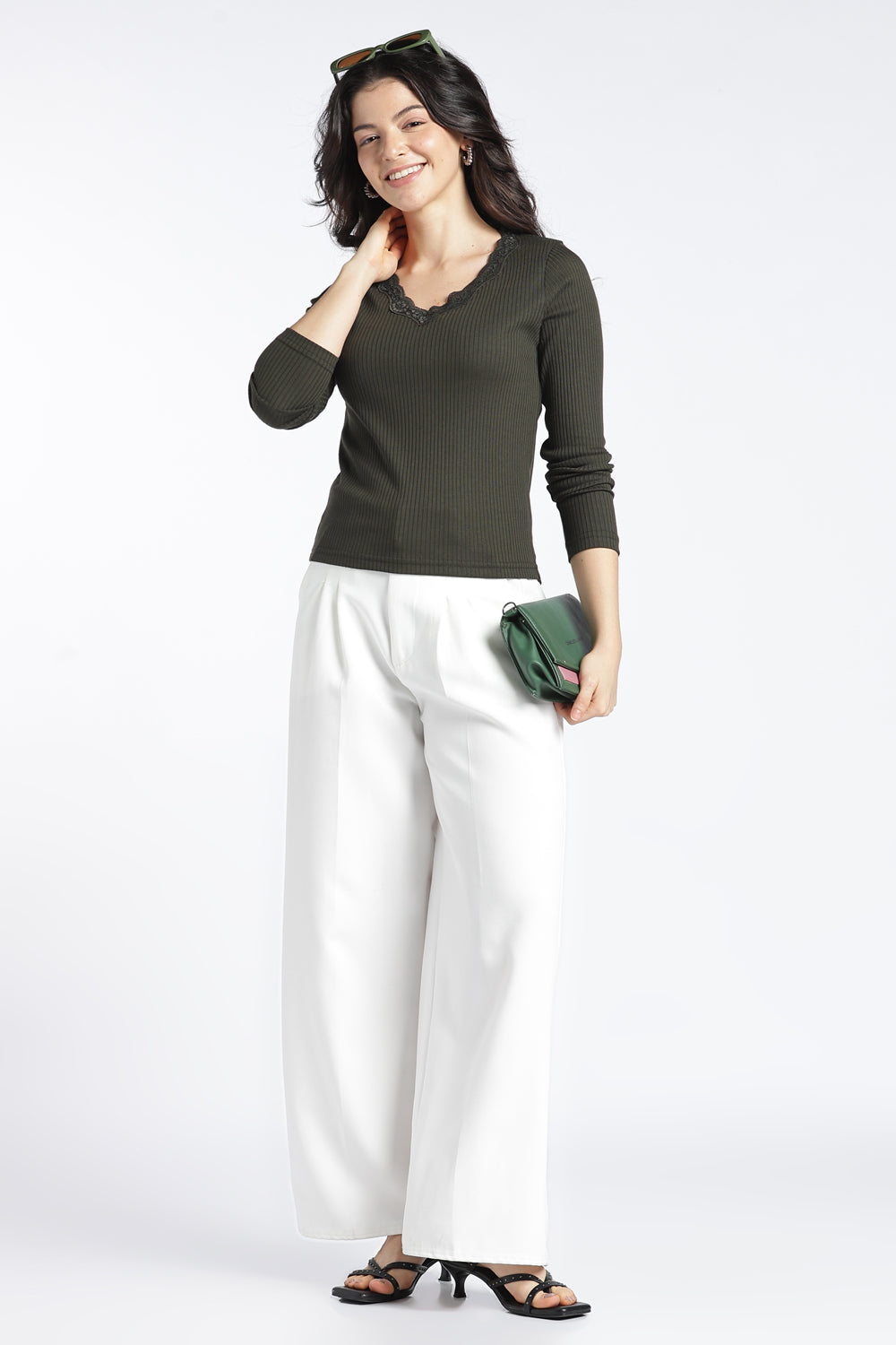 Womens Regular V-Neck Olive Lace Top - Image 6