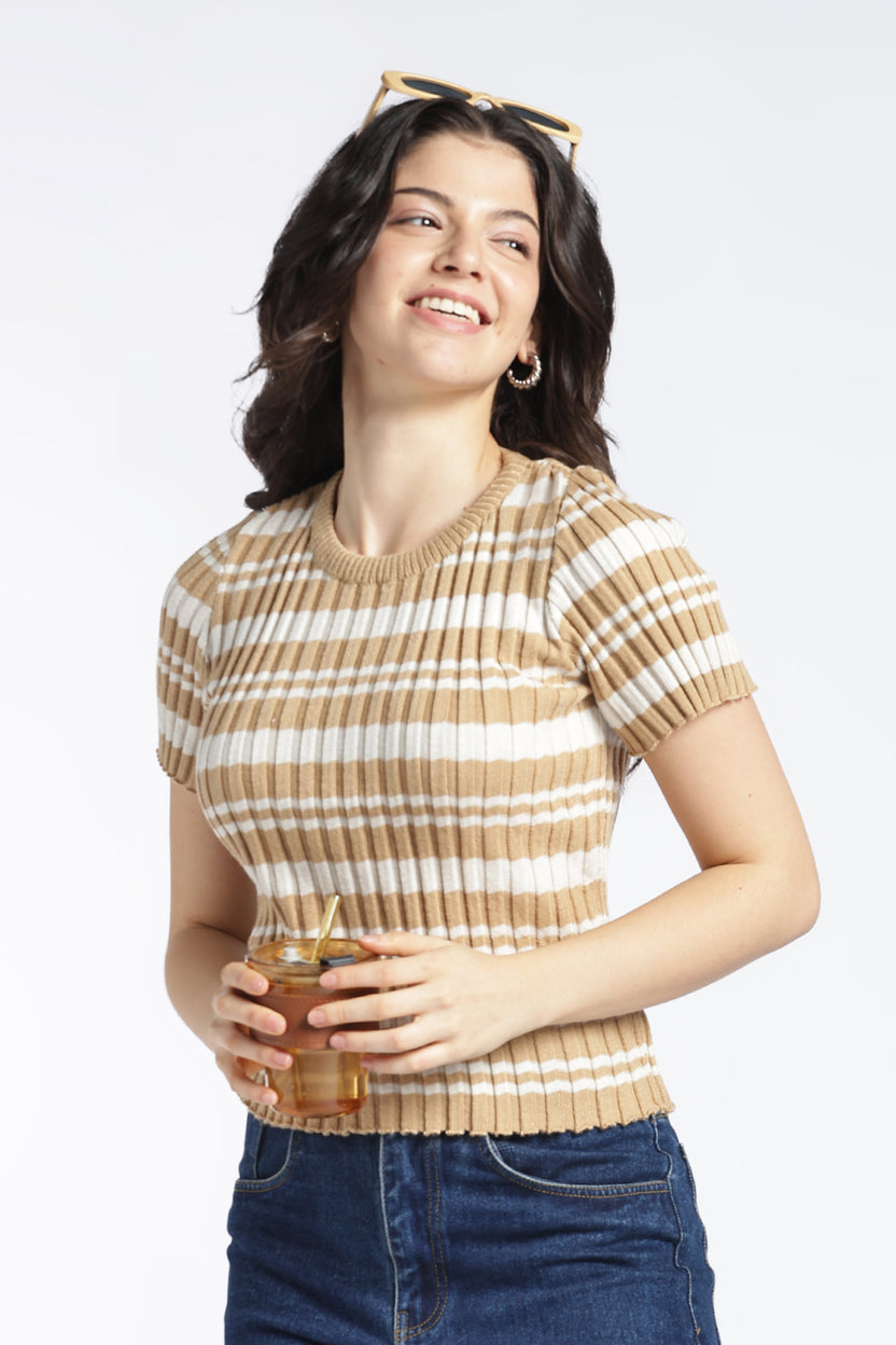 Womens Regular Beige Striper Top - Image 1