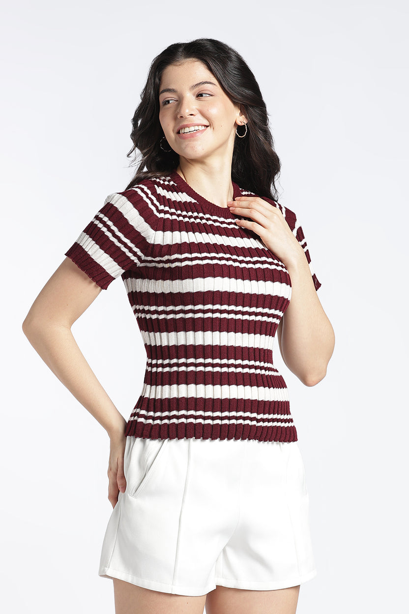 Womens Regular Maroon Striper Top - Image 4