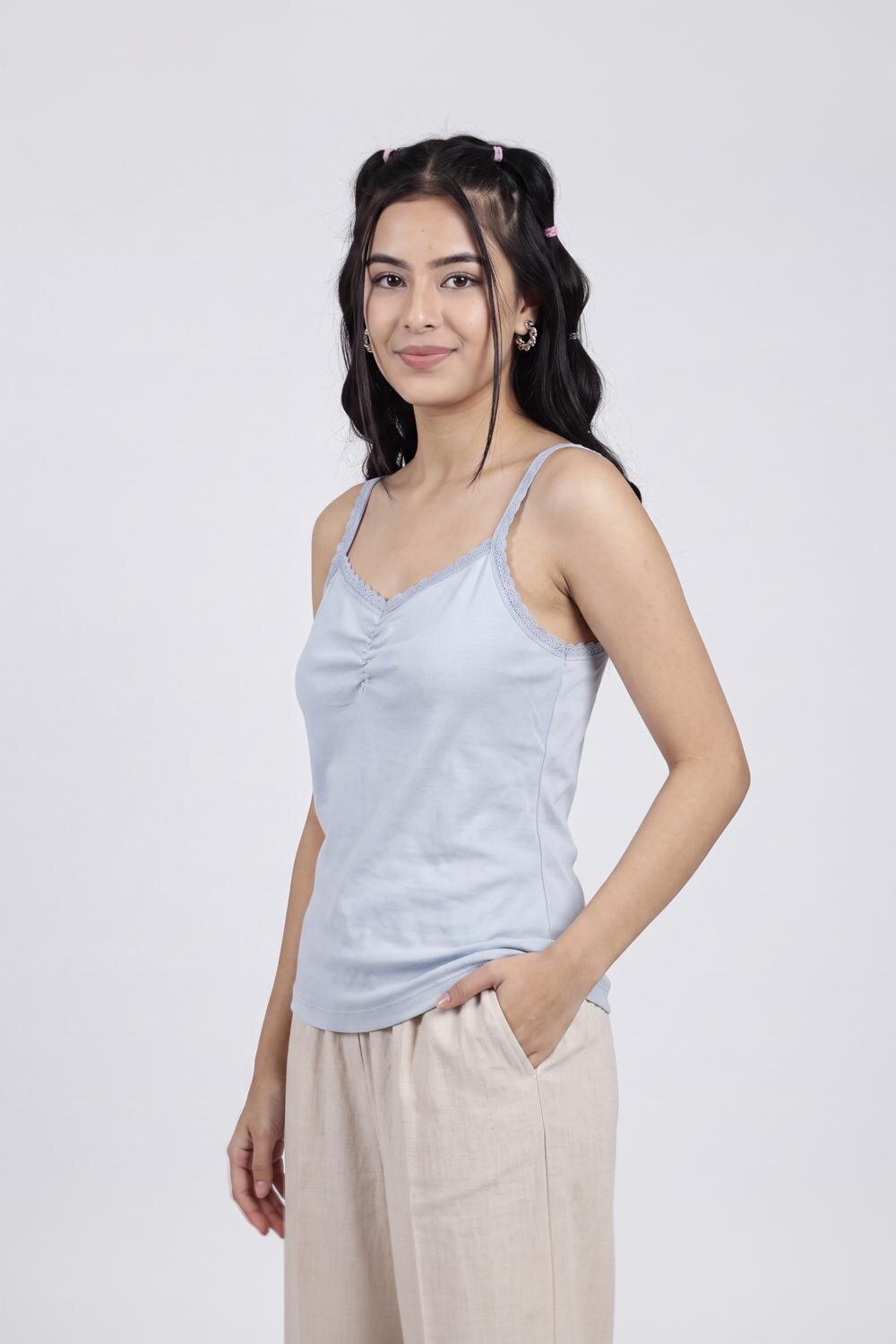 Women Light Blue Ruched Regular Fit Top - Image 4