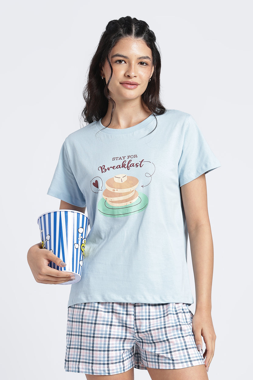 Women Light Blue Graphic Regular Fit Nightwear Set - Image 1