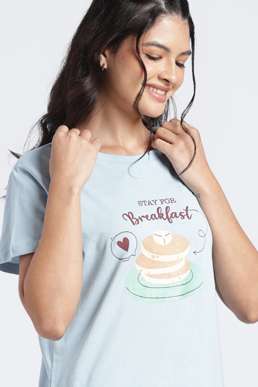 Women Light Blue Graphic Regular Fit Nightwear Set - Image 3
