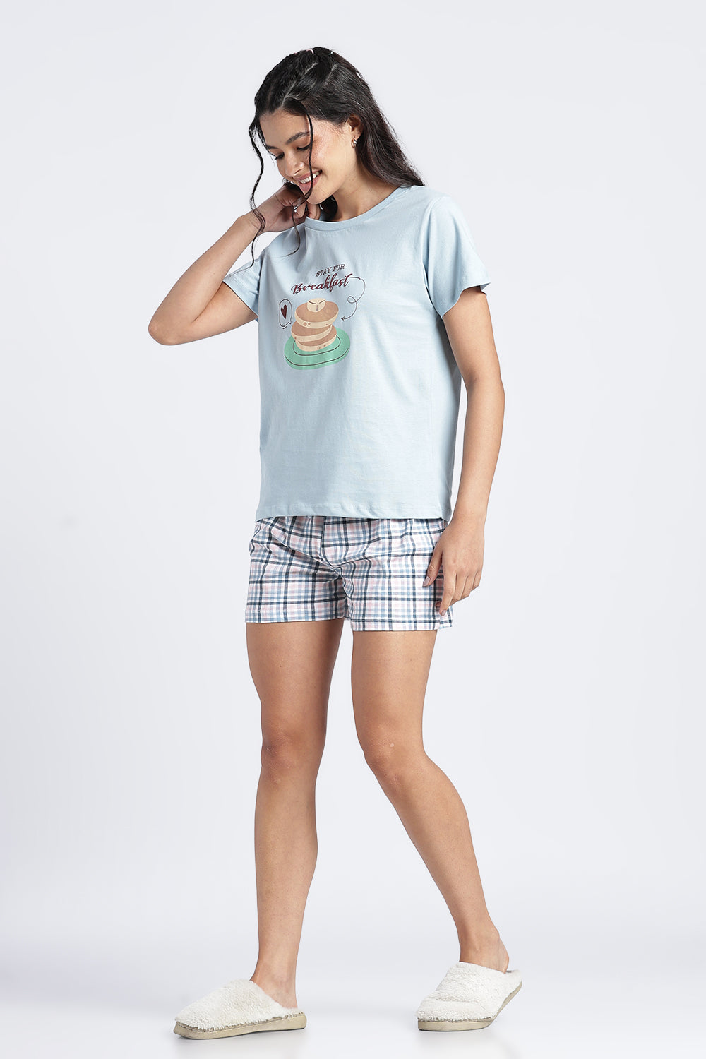 Women Light Blue Graphic Regular Fit Nightwear Set - Image 6