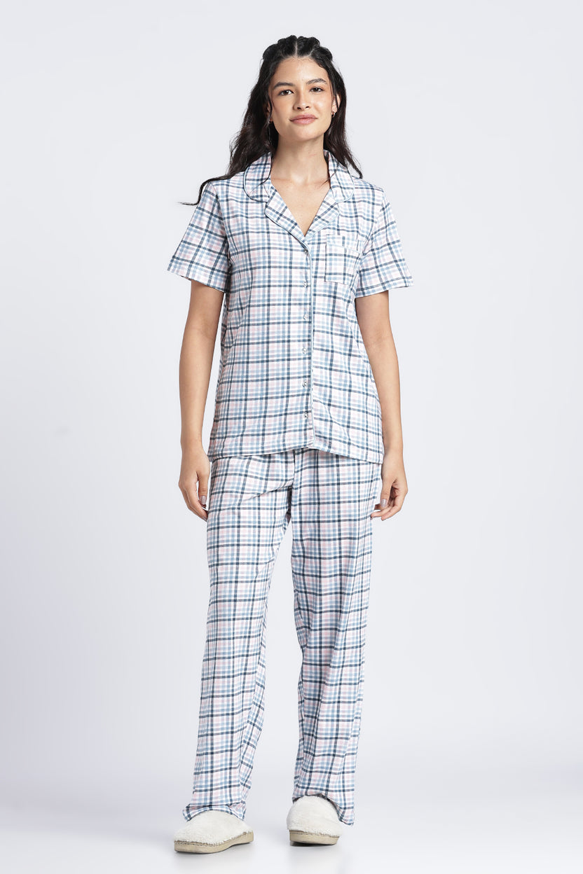 Women Light Blue Checkered Regular Fit Nightwear Set - Image 2