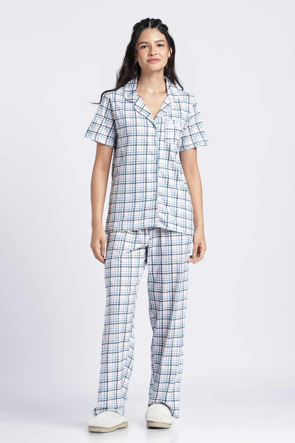 Women Light Blue Checkered Regular Fit Nightwear Set - Image 2