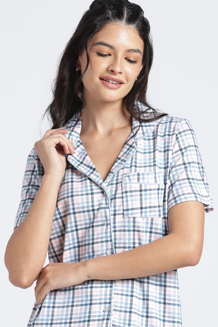 Women Light Blue Checkered Regular Fit Nightwear Set - Image 3