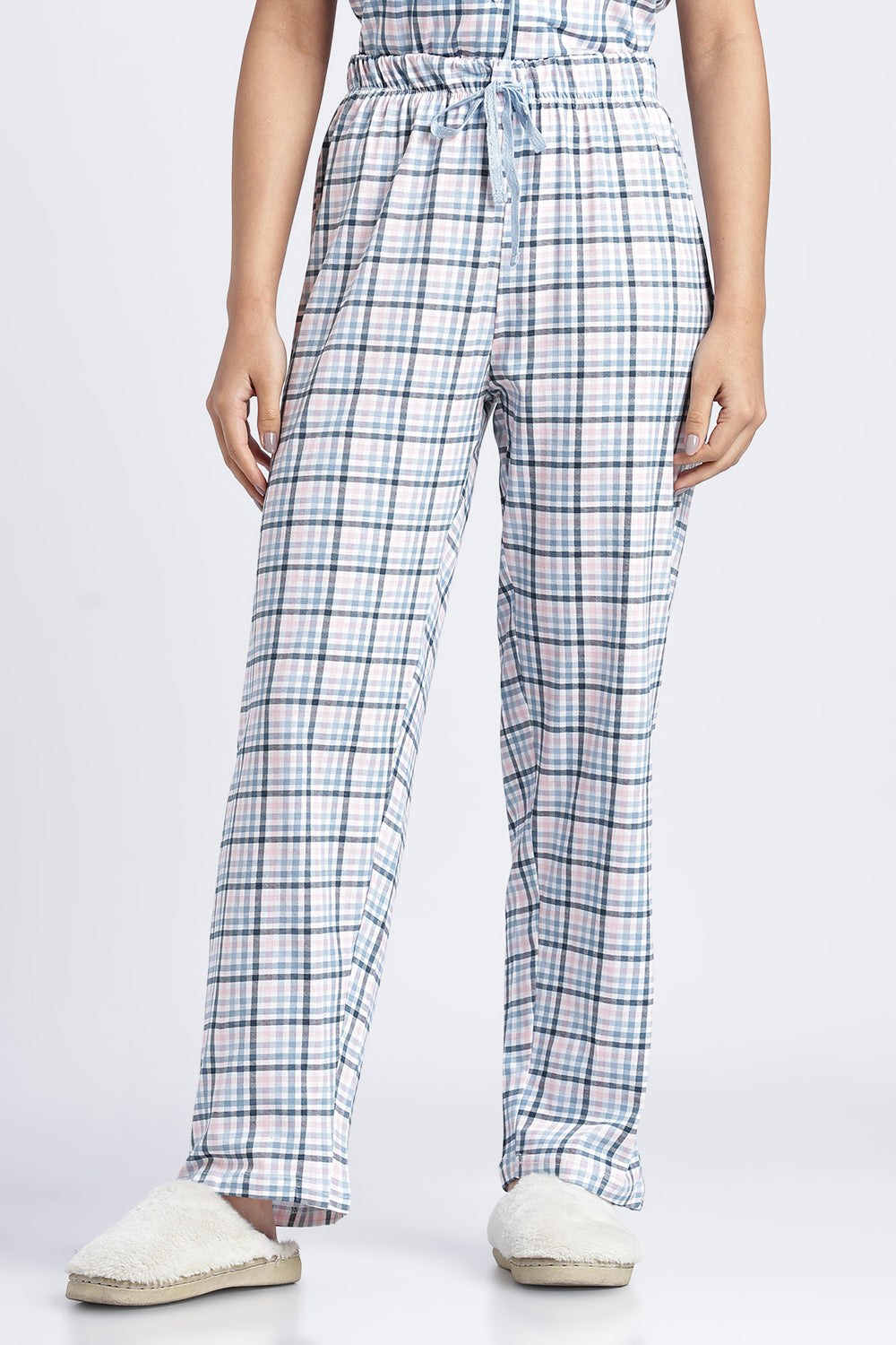 Women Light Blue Checkered Regular Fit Nightwear Set - Image 4