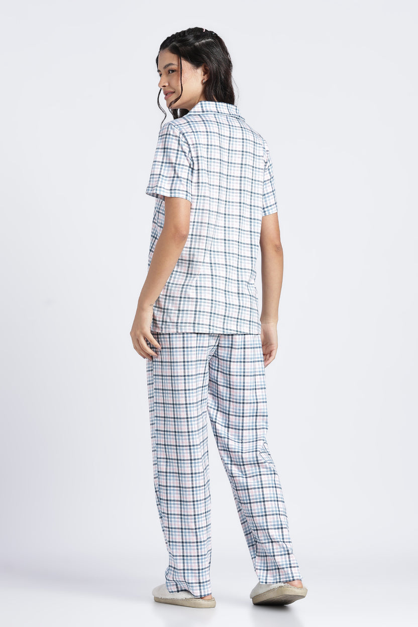 Women Light Blue Checkered Regular Fit Nightwear Set - Image 5