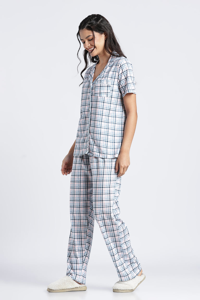 Women Light Blue Checkered Regular Fit Nightwear Set - Image 6