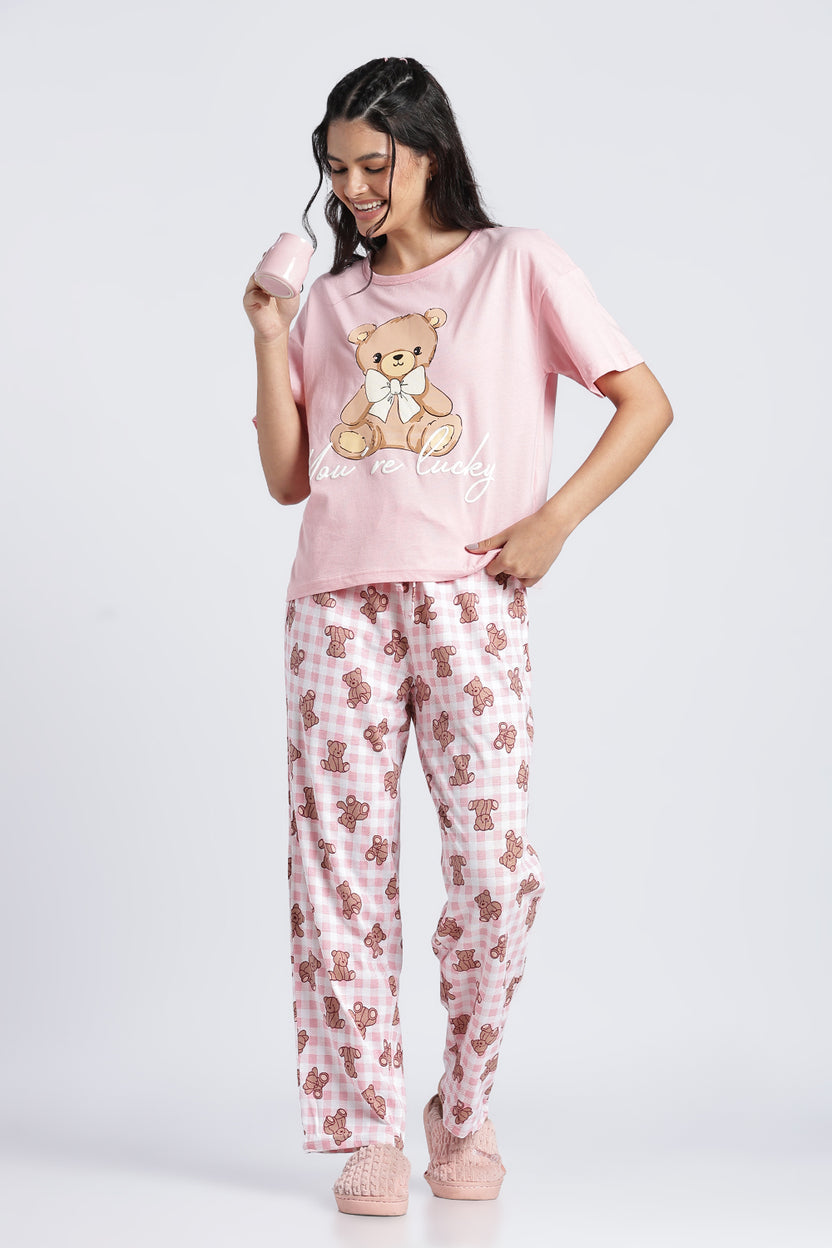 Women Pink Graphic Regular Fit Nightwear Set - Image 1