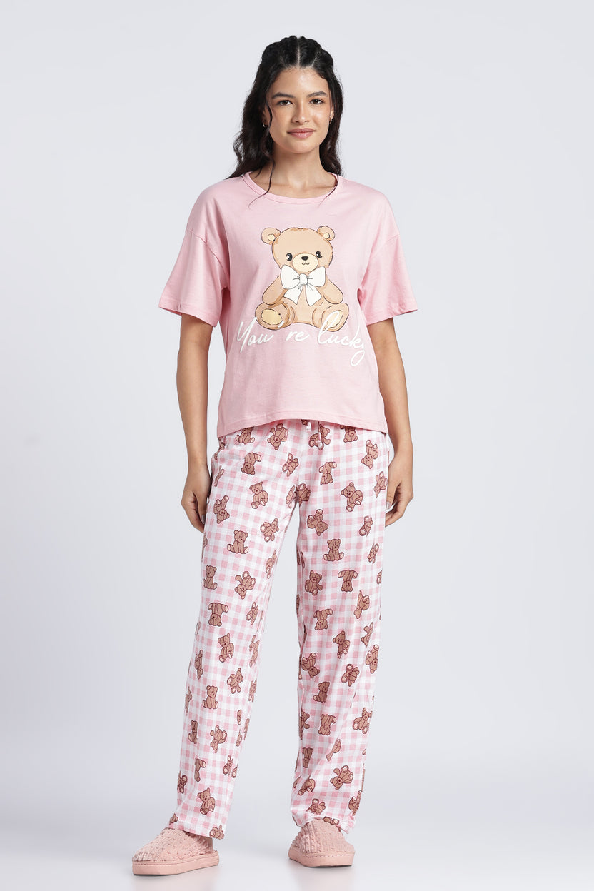 Women Pink Graphic Regular Fit Nightwear Set - Image 2