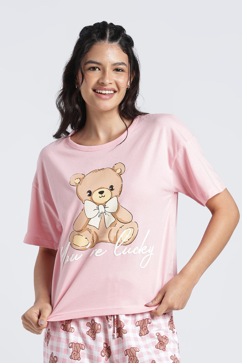 Women Pink Graphic Regular Fit Nightwear Set - Image 3