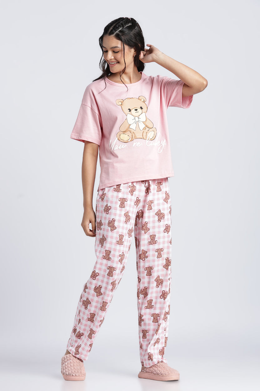 Women Pink Graphic Regular Fit Nightwear Set - Image 6