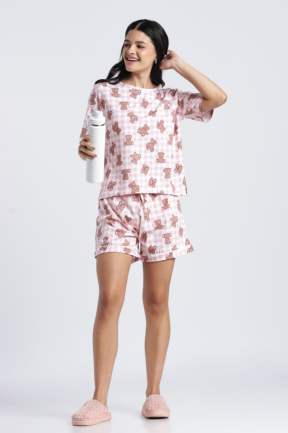 Women Pink Conversational Regular Fit Nightwear Set - Image 1