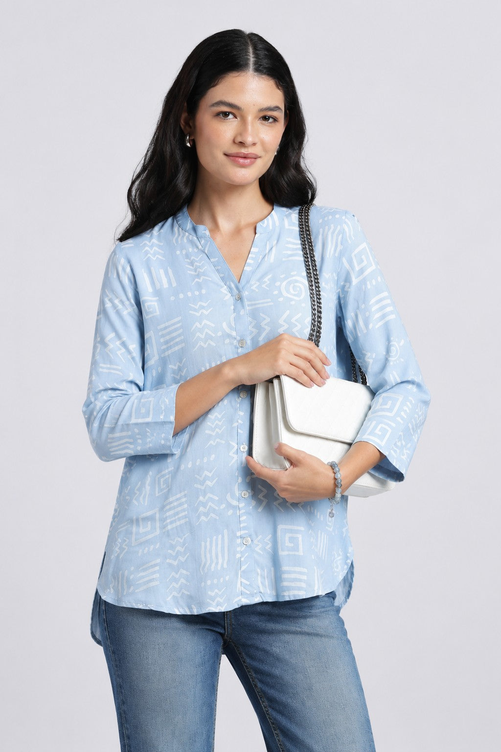 Light Blue Geometric Regular Fit Tunic For Women - Image 1