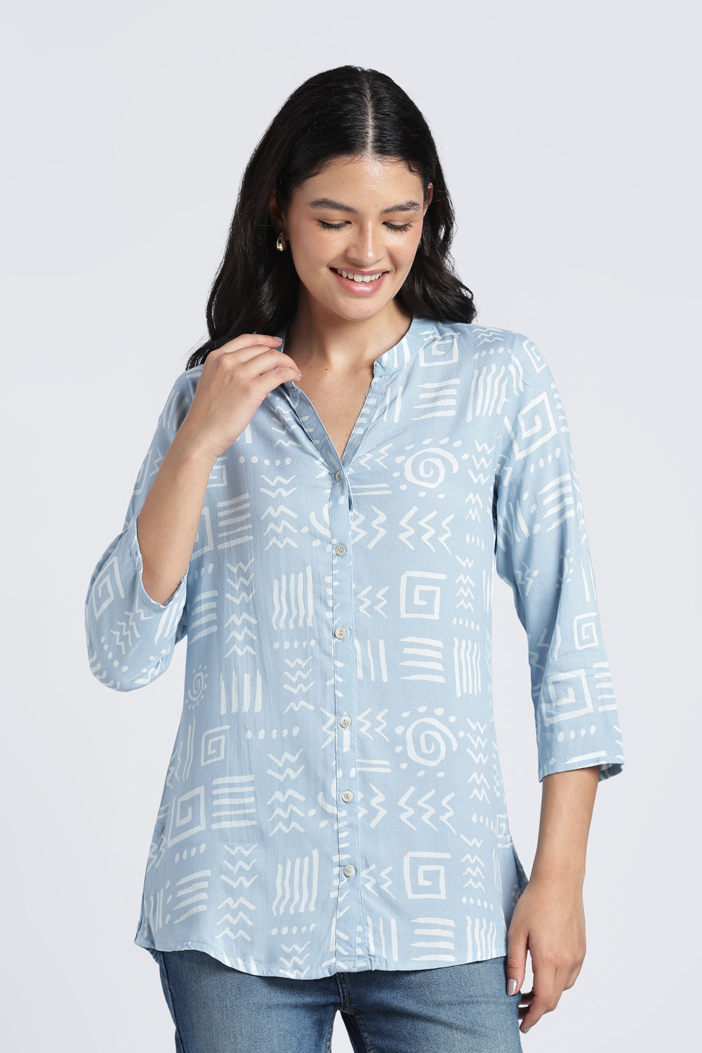 Light Blue Geometric Regular Fit Tunic For Women - Image 2