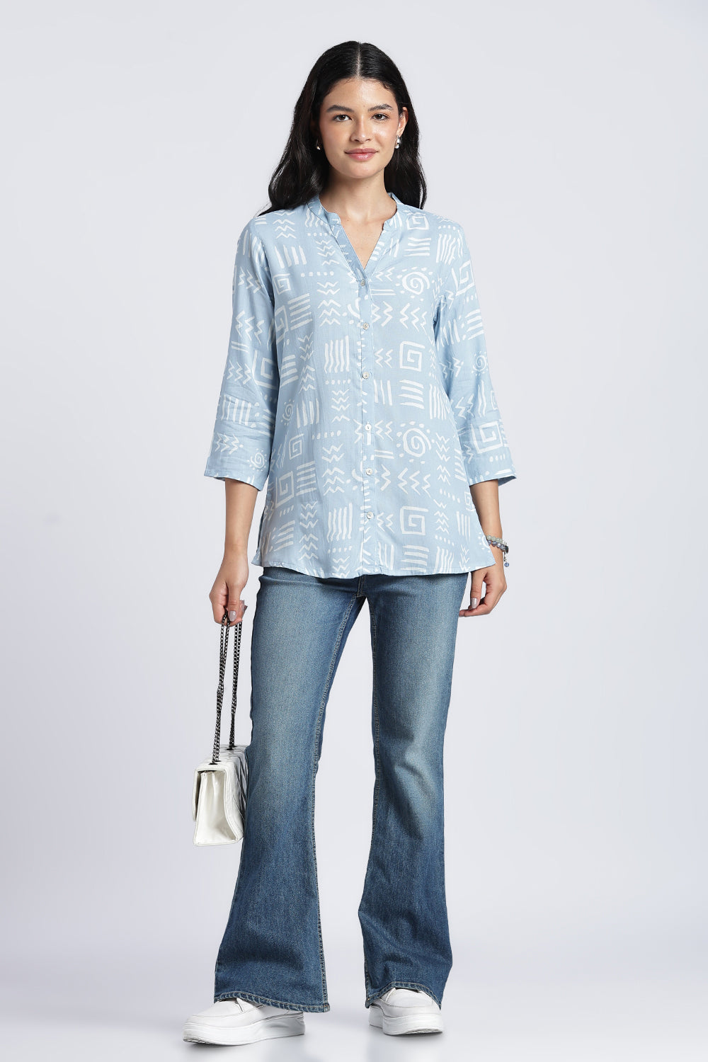 Light Blue Geometric Regular Fit Tunic For Women - Image 6