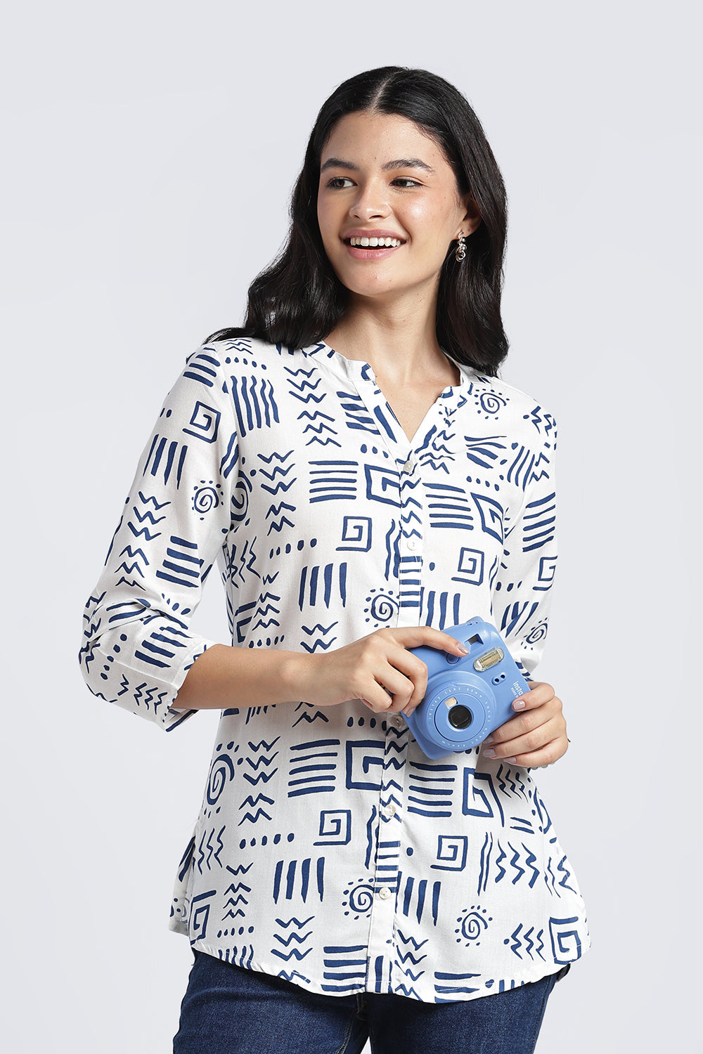White Geometric Regular Fit Tunic For Women - Image 1