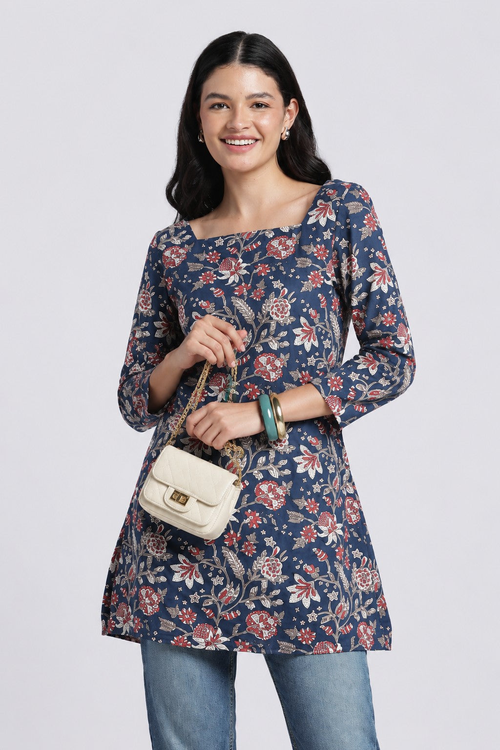 Blue Floral Fit Tunic For Women - Image 1