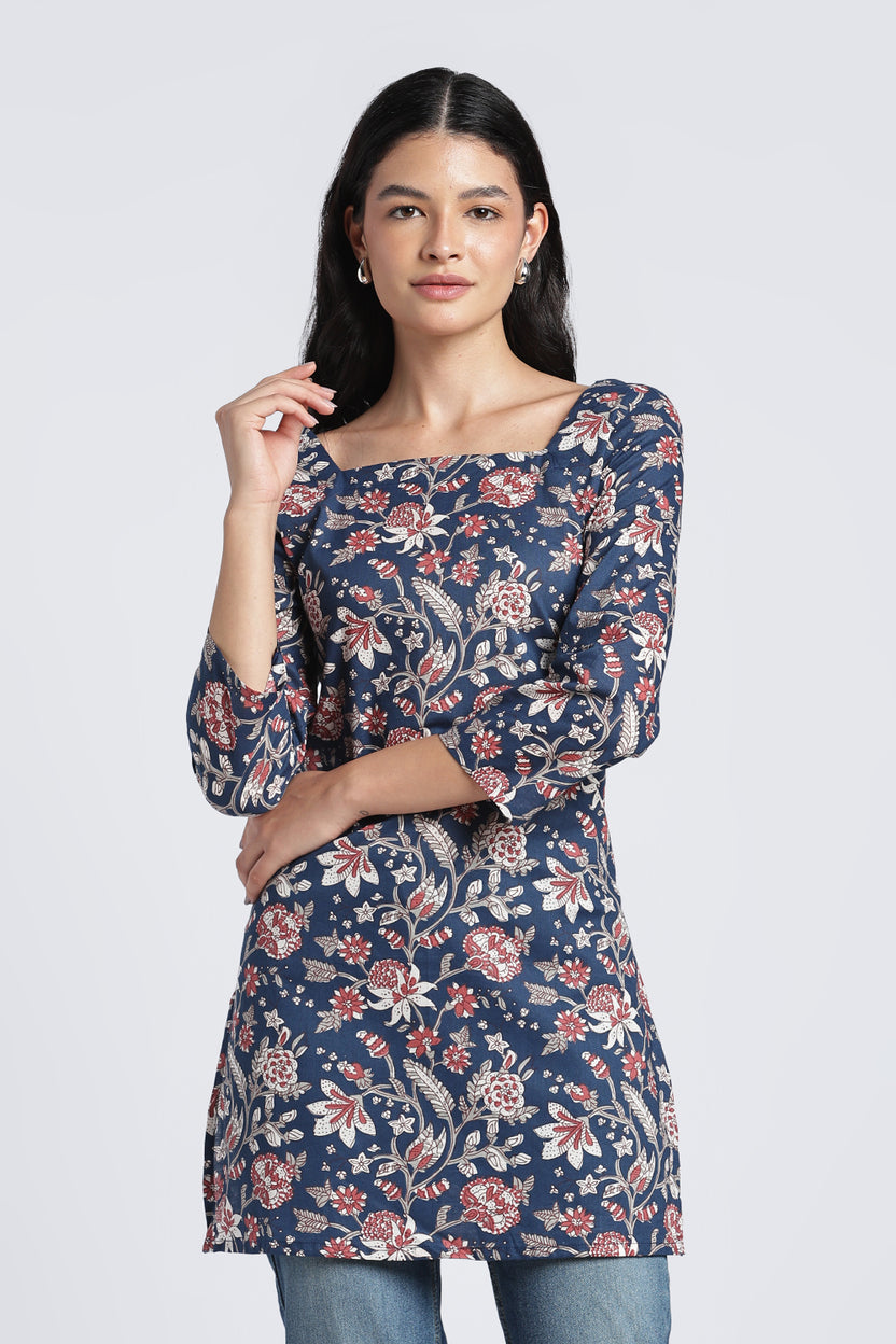 Blue Floral Fit Tunic For Women - Image 2