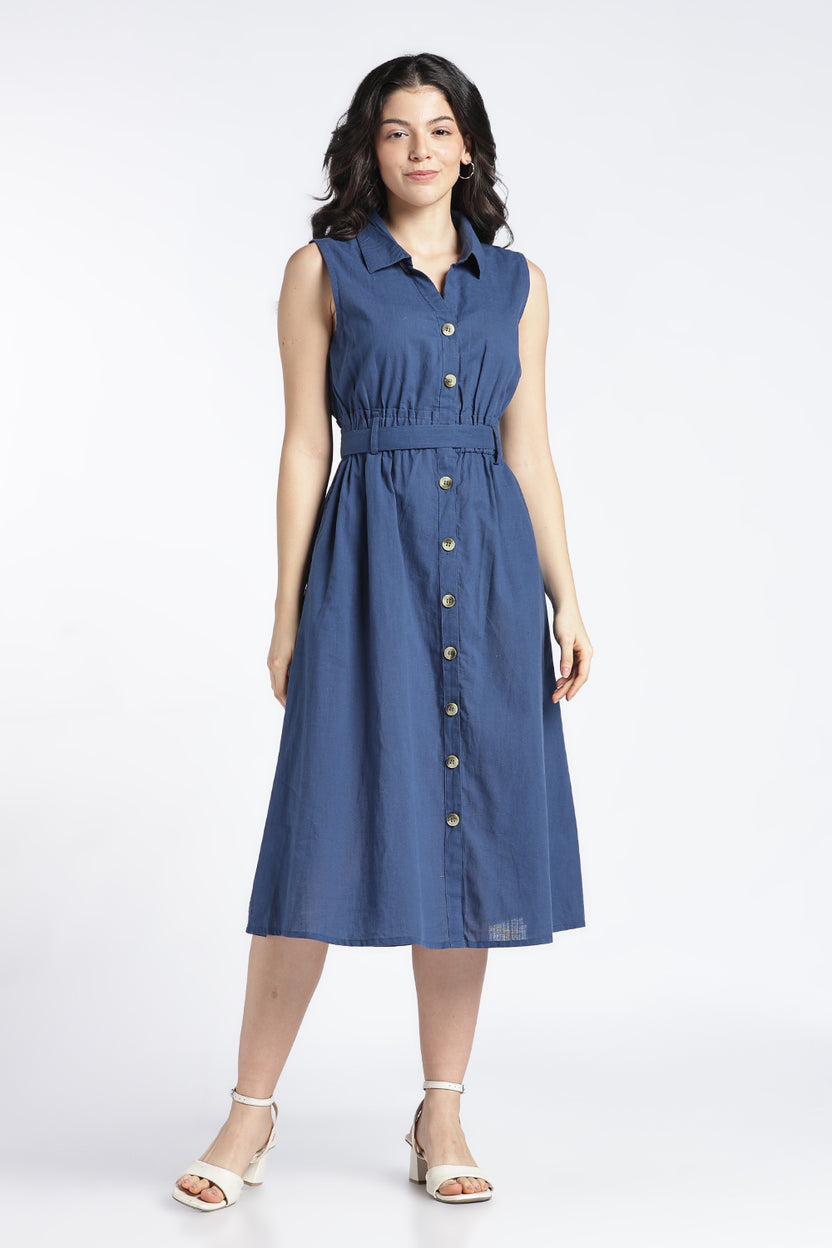 Womens Regular Fit Solid Blue Sleeveless Dress - Image 2