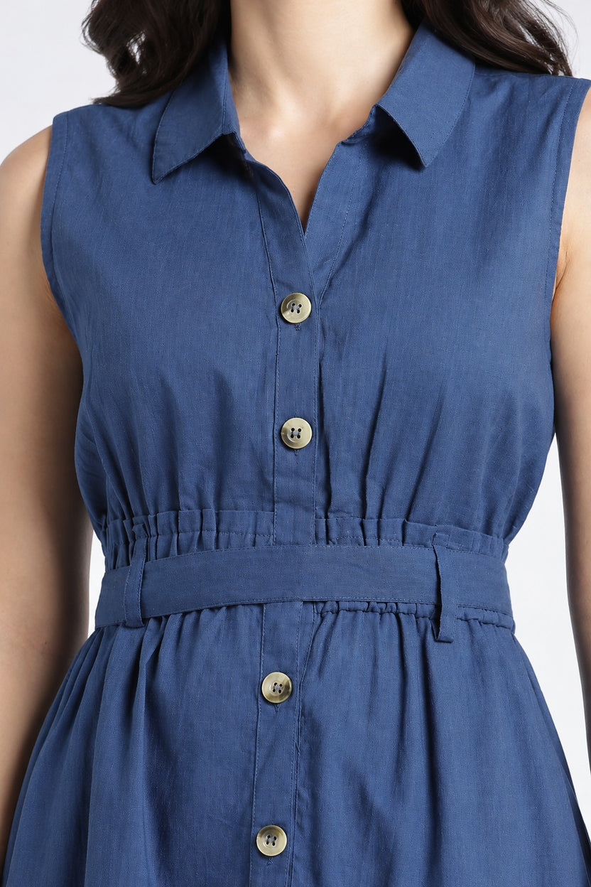 Womens Regular Fit Solid Blue Sleeveless Dress - Image 3
