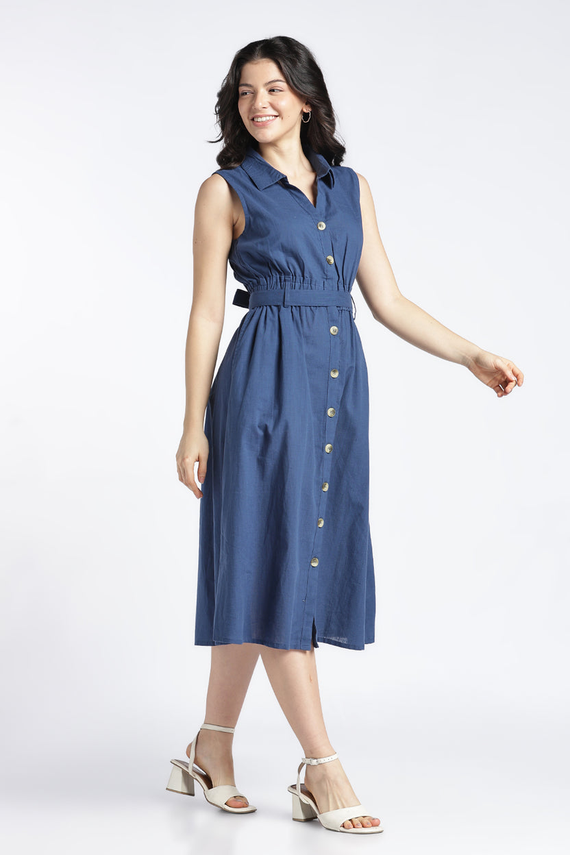 Womens Regular Fit Solid Blue Sleeveless Dress - Image 4
