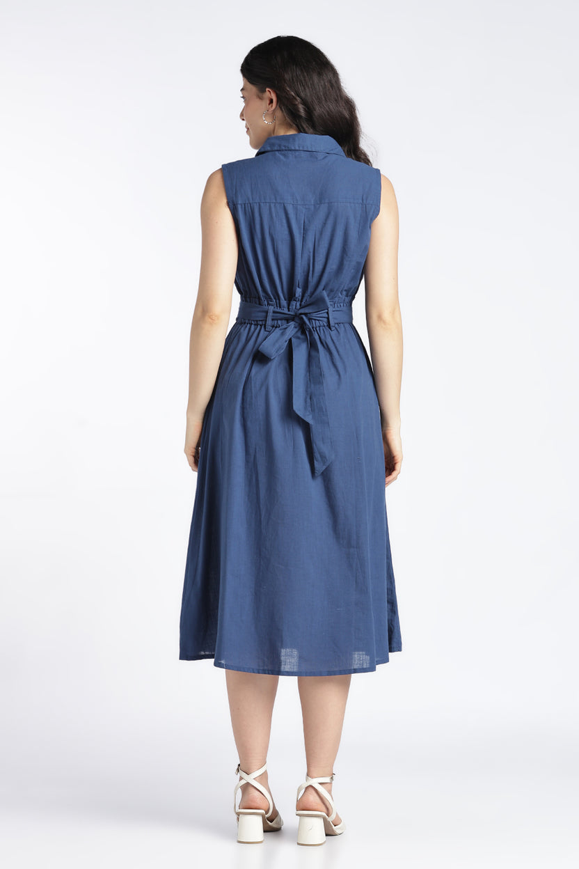 Womens Regular Fit Solid Blue Sleeveless Dress - Image 5