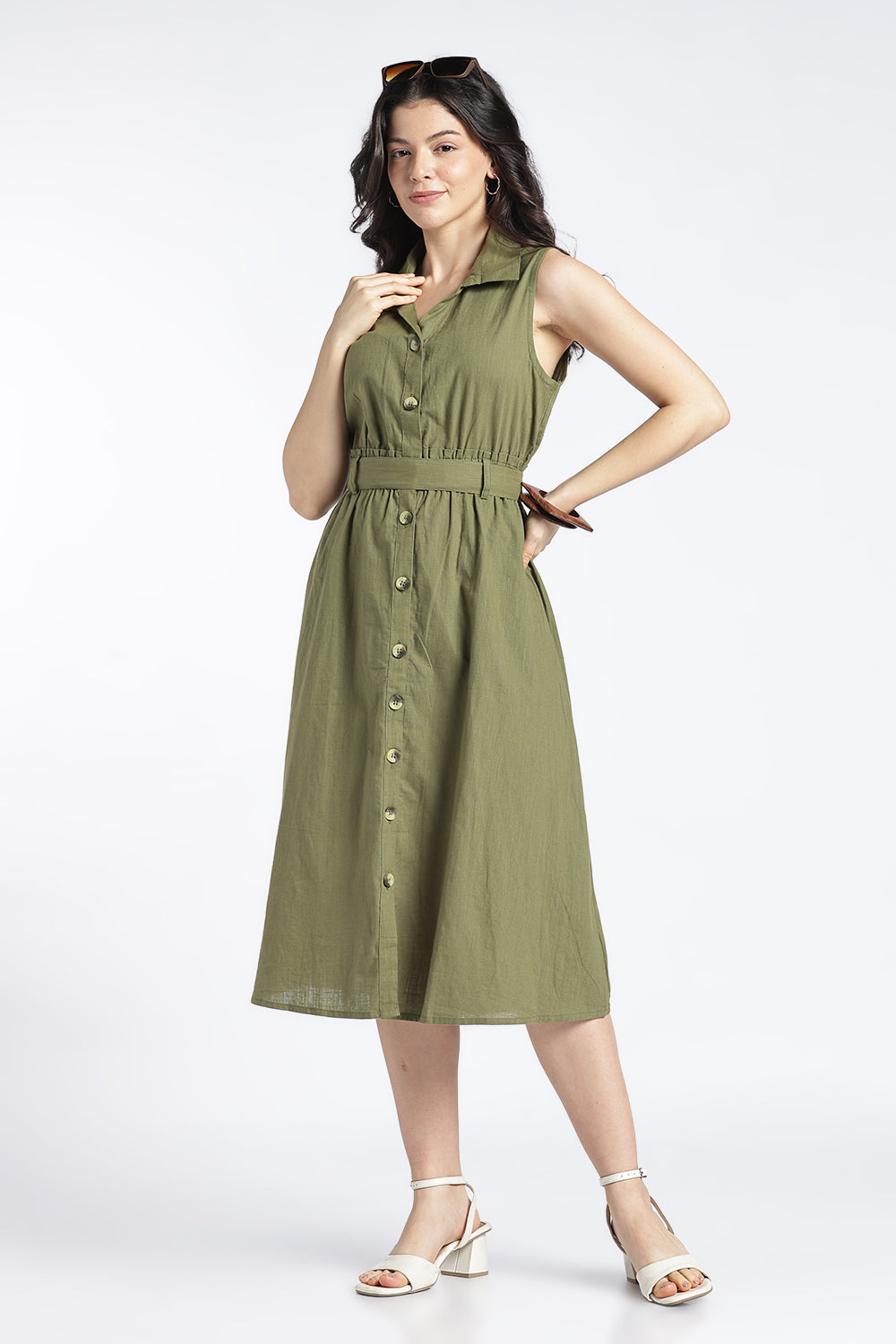 Womens Regular Fit Solid Olive Dress - Image 1