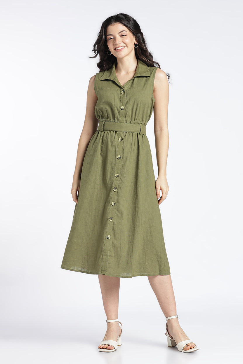 Womens Regular Fit Solid Olive Dress - Image 2