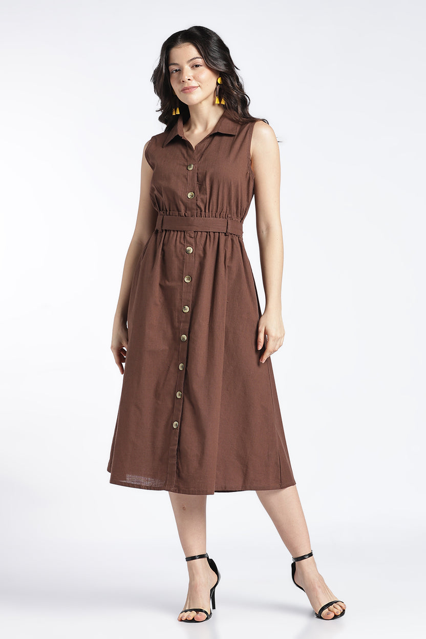 Womens Regular Fit Solid Brown Sleeveless Dress - Image 2