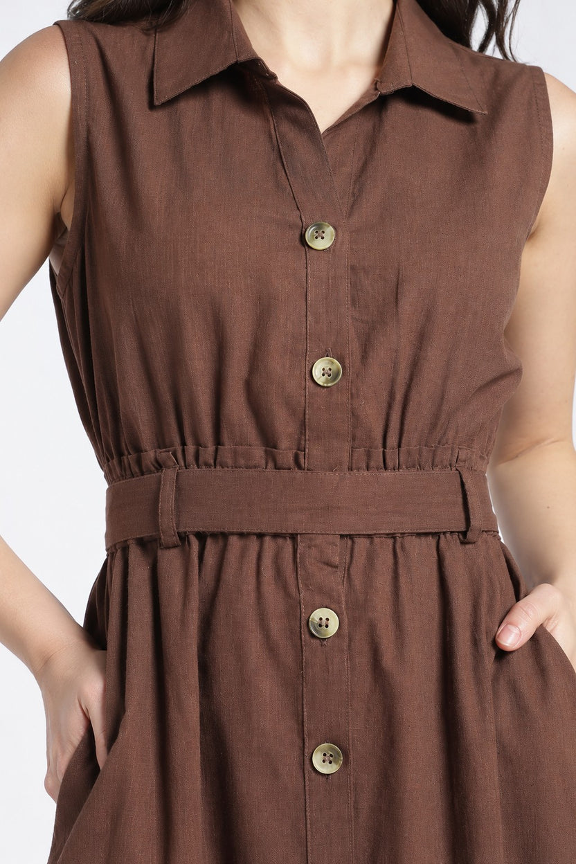 Womens Regular Fit Solid Brown Sleeveless Dress - Image 3