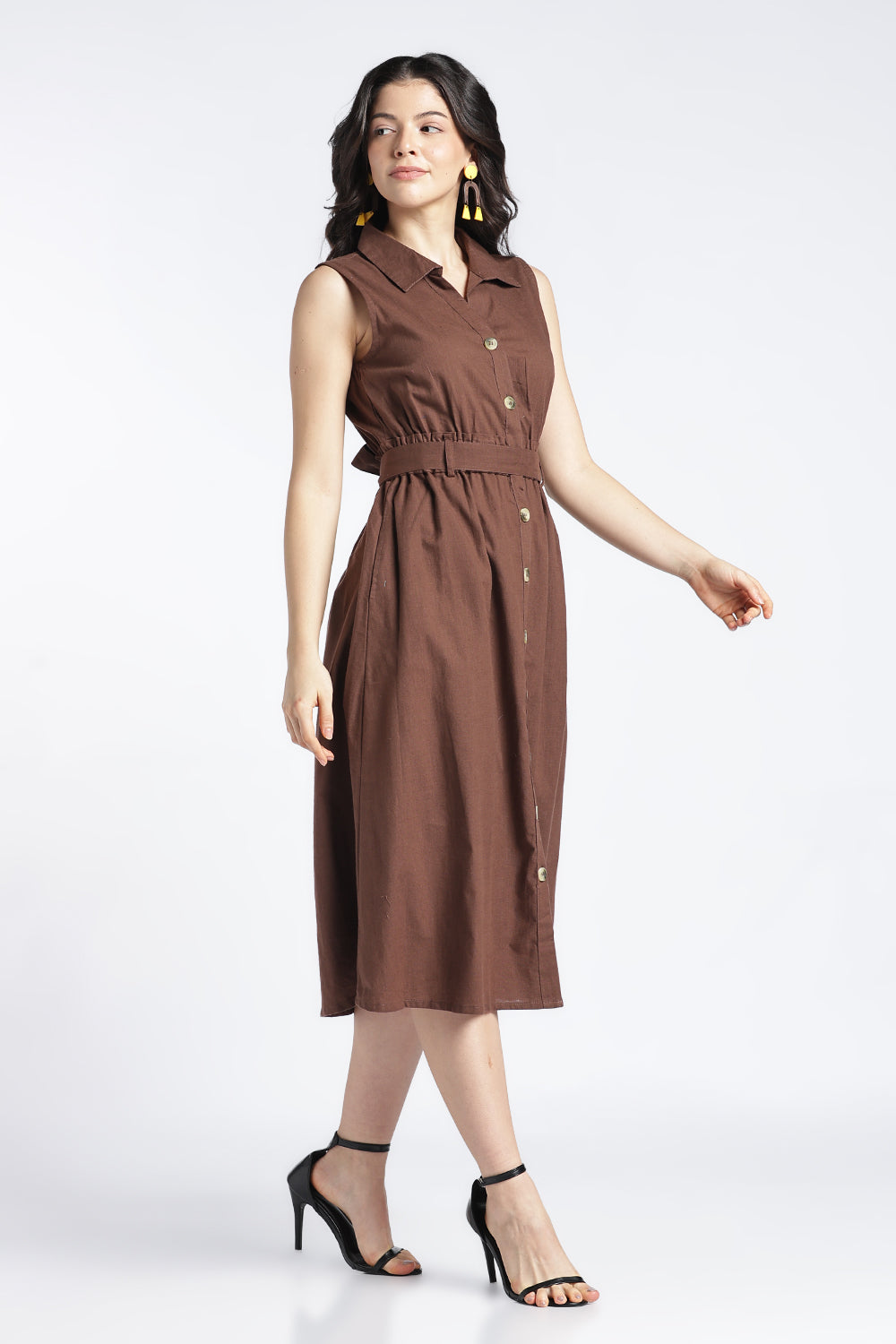 Womens Regular Fit Solid Brown Sleeveless Dress - Image 4