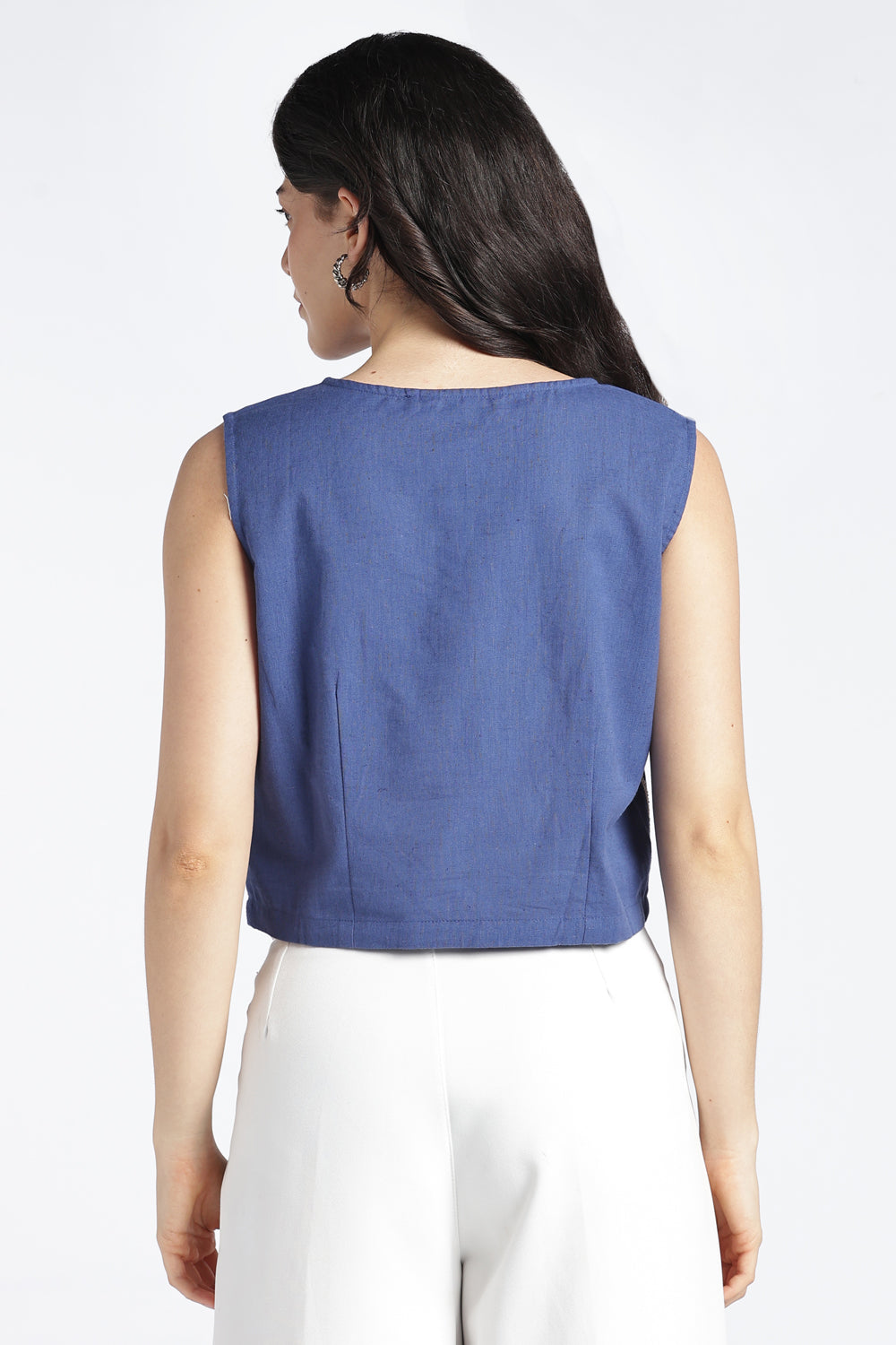 Blue Embroidered Boxy Fit Crop Top For Women - Image 5