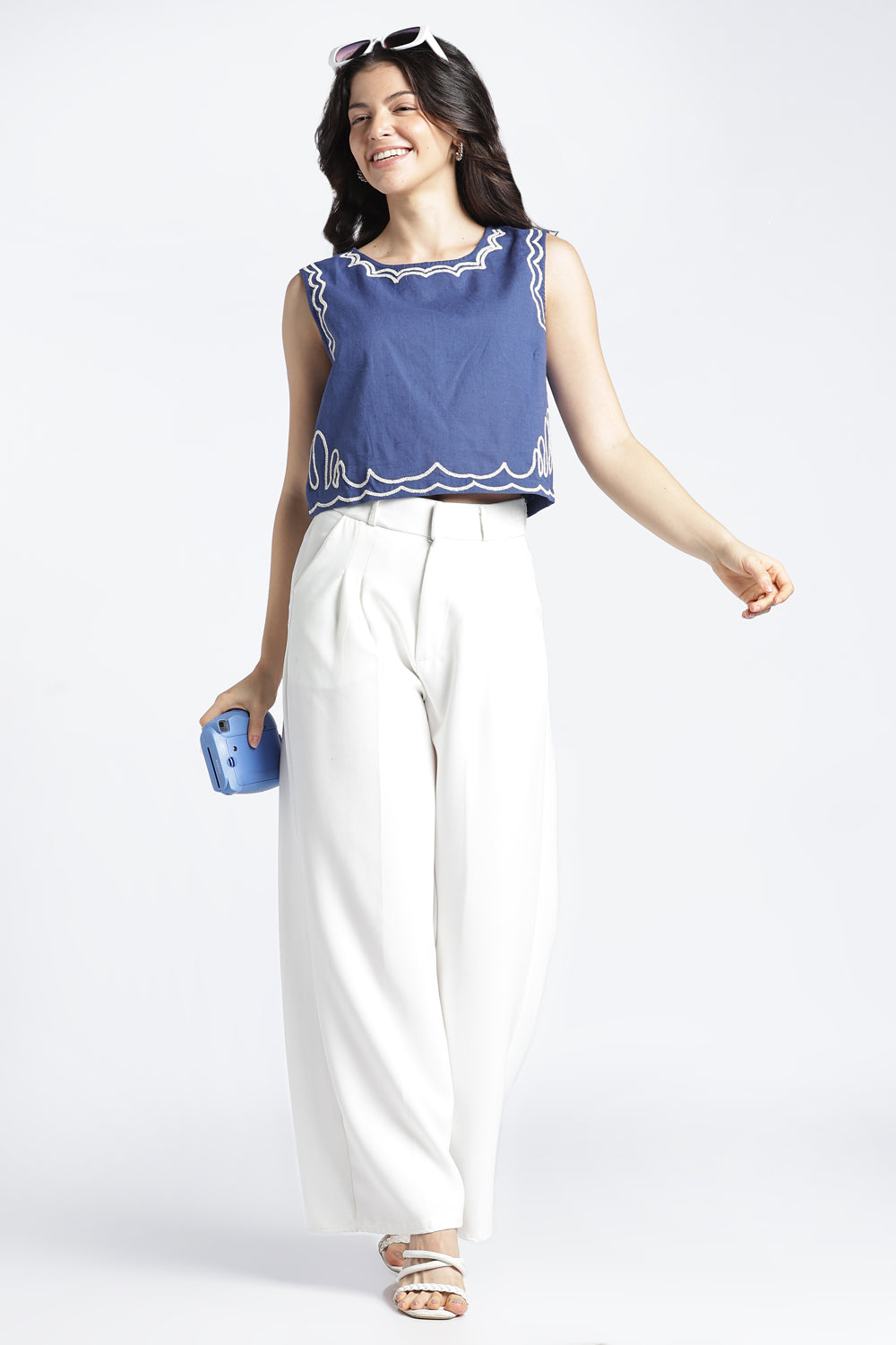 Blue Embroidered Boxy Fit Crop Top For Women - Image 6