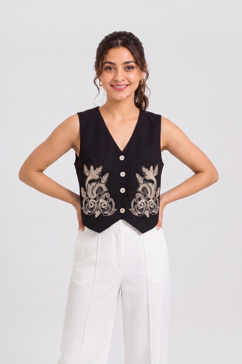 Black Cotton Regular Fit Ethnic Top For Women - Image 2
