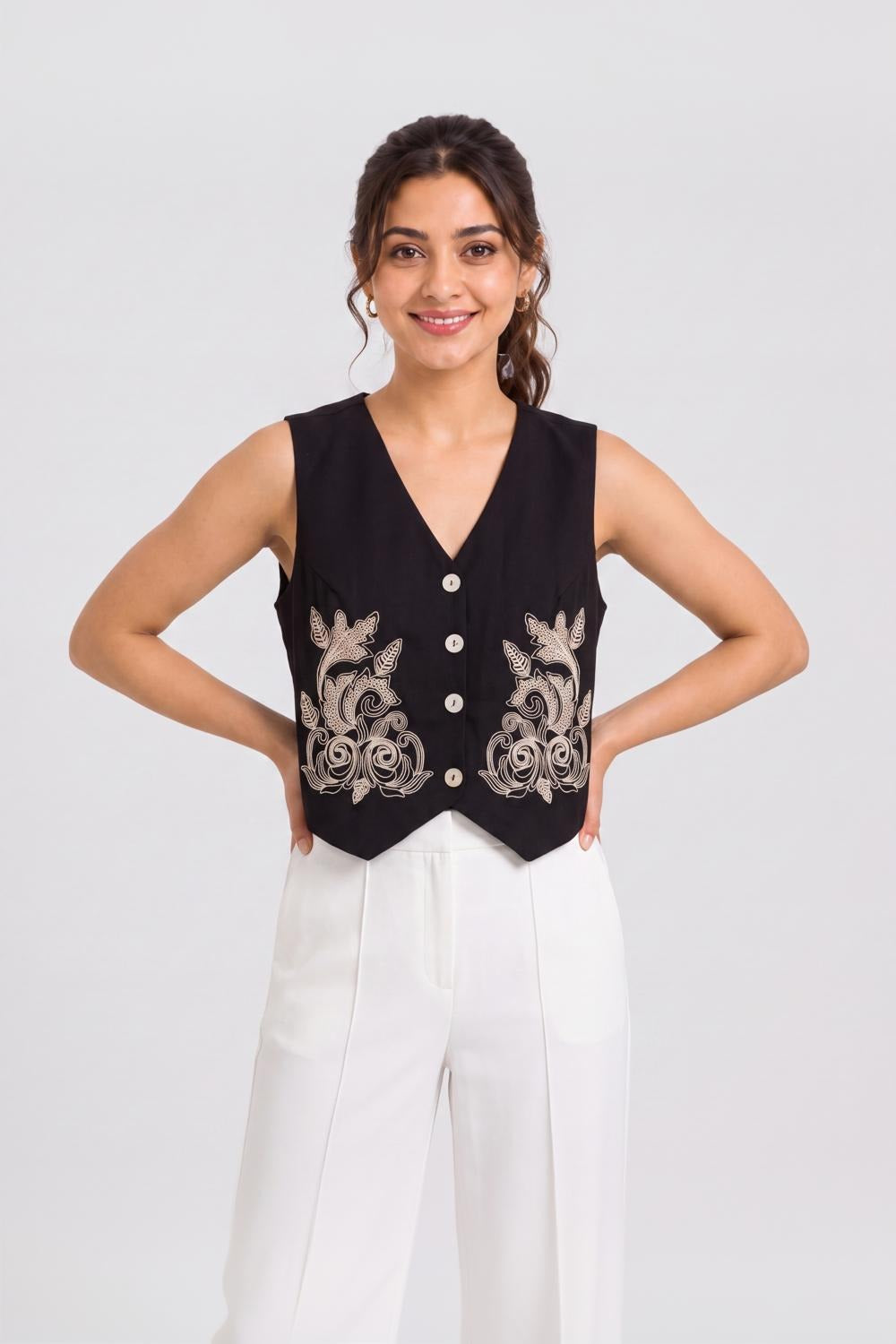Black Cotton Regular Fit Ethnic Top For Women - Image 2