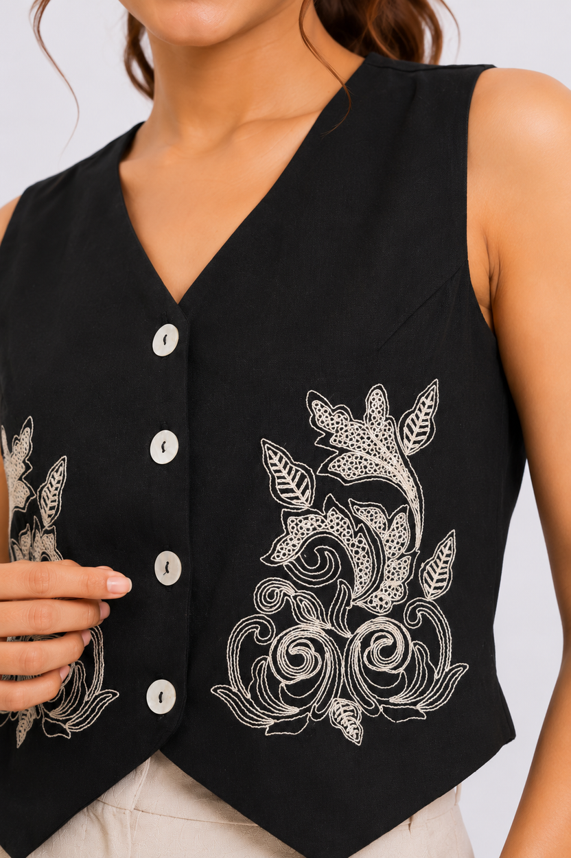 Black Cotton Regular Fit Ethnic Top For Women - Image 3