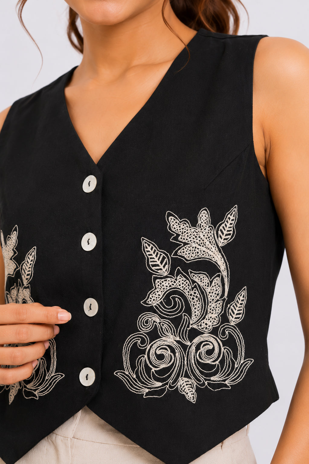 Black Cotton Regular Fit Ethnic Top For Women - Image 3