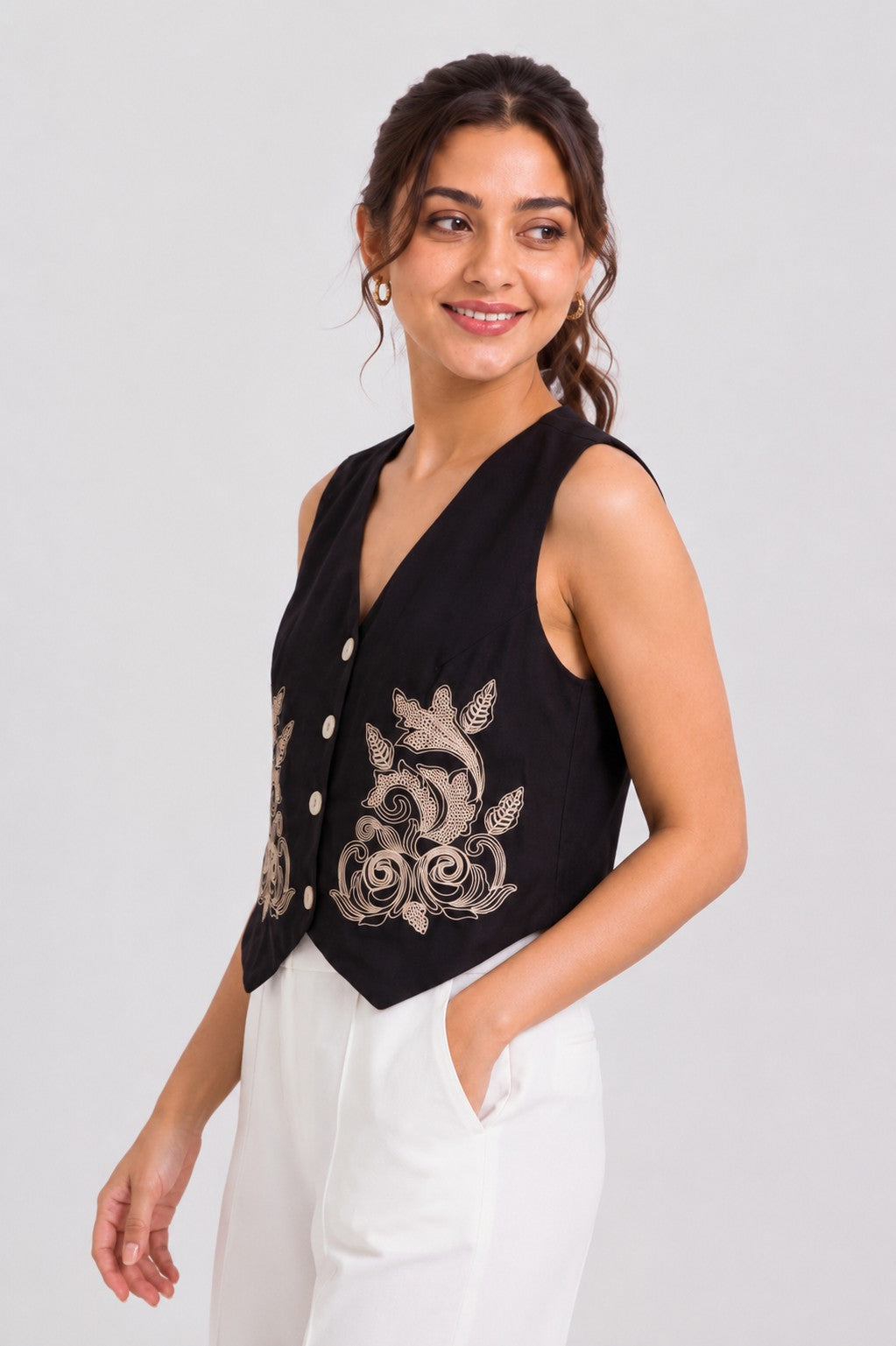 Black Cotton Regular Fit Ethnic Top For Women - Image 4