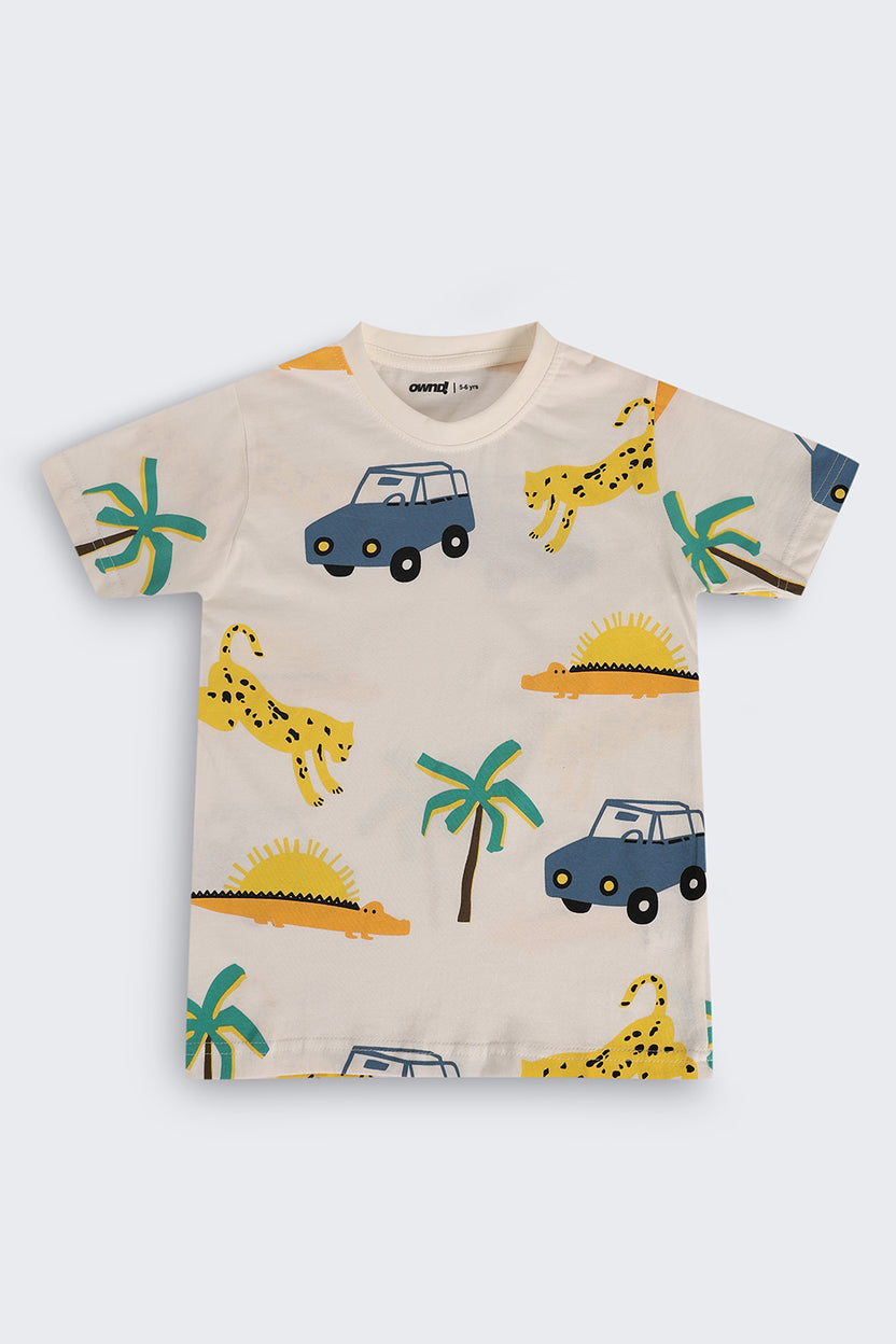 Off White Cotton Regular Fit T-Shirt For Boys - Image 2