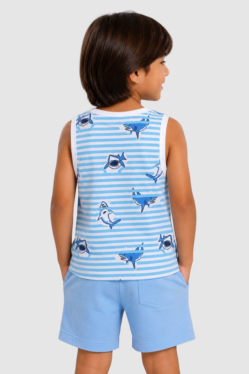 Light Blue Sharks Printed Cotton Regular Fit T-Shirt For Boys - Image 4