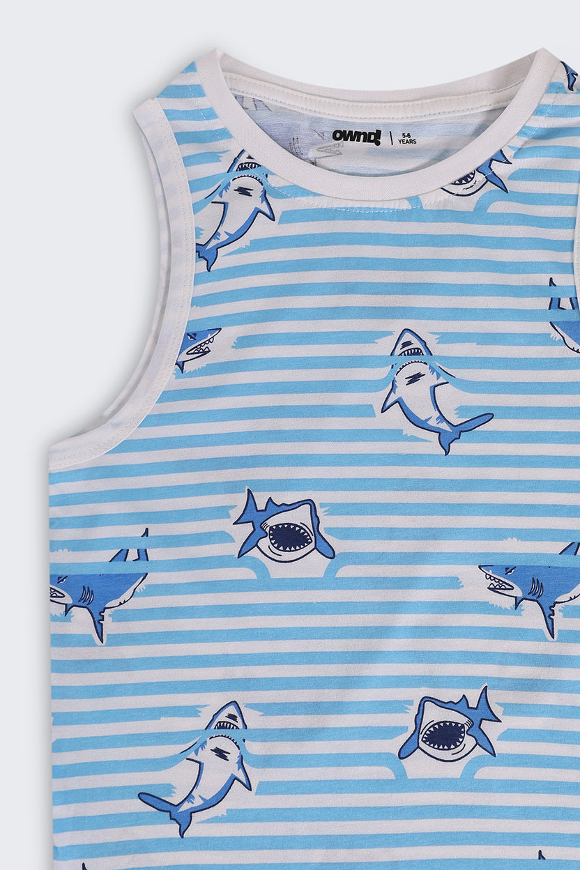Light Blue Sharks Printed Cotton Regular Fit T-Shirt For Boys - Image 5
