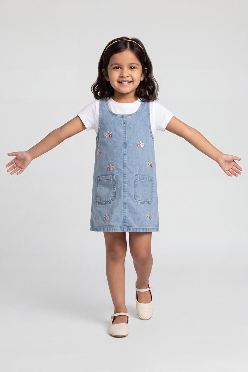 Light Blue Embroidered Regular Fit Dungaree and T-Shirt For Girls - Image 1