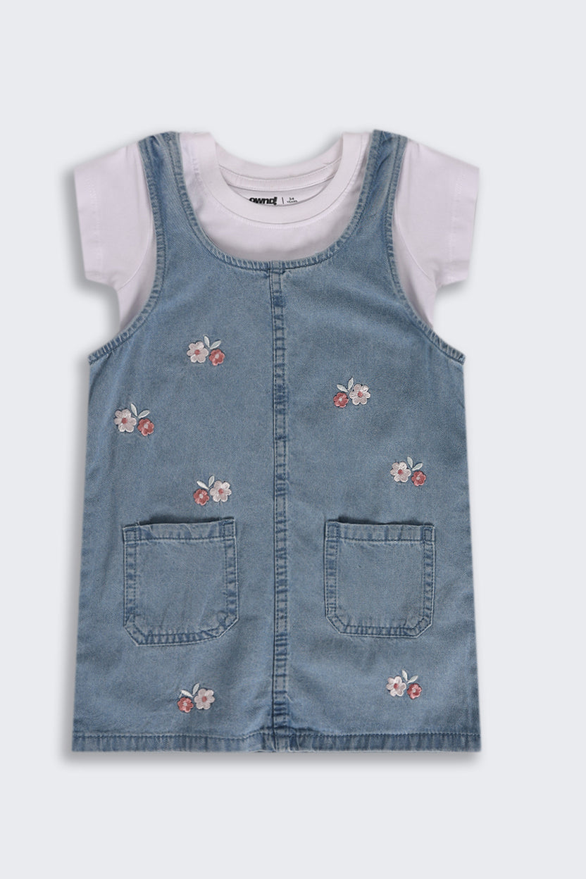 Light Blue Embroidered Regular Fit Dungaree and T-Shirt For Girls - Image 2