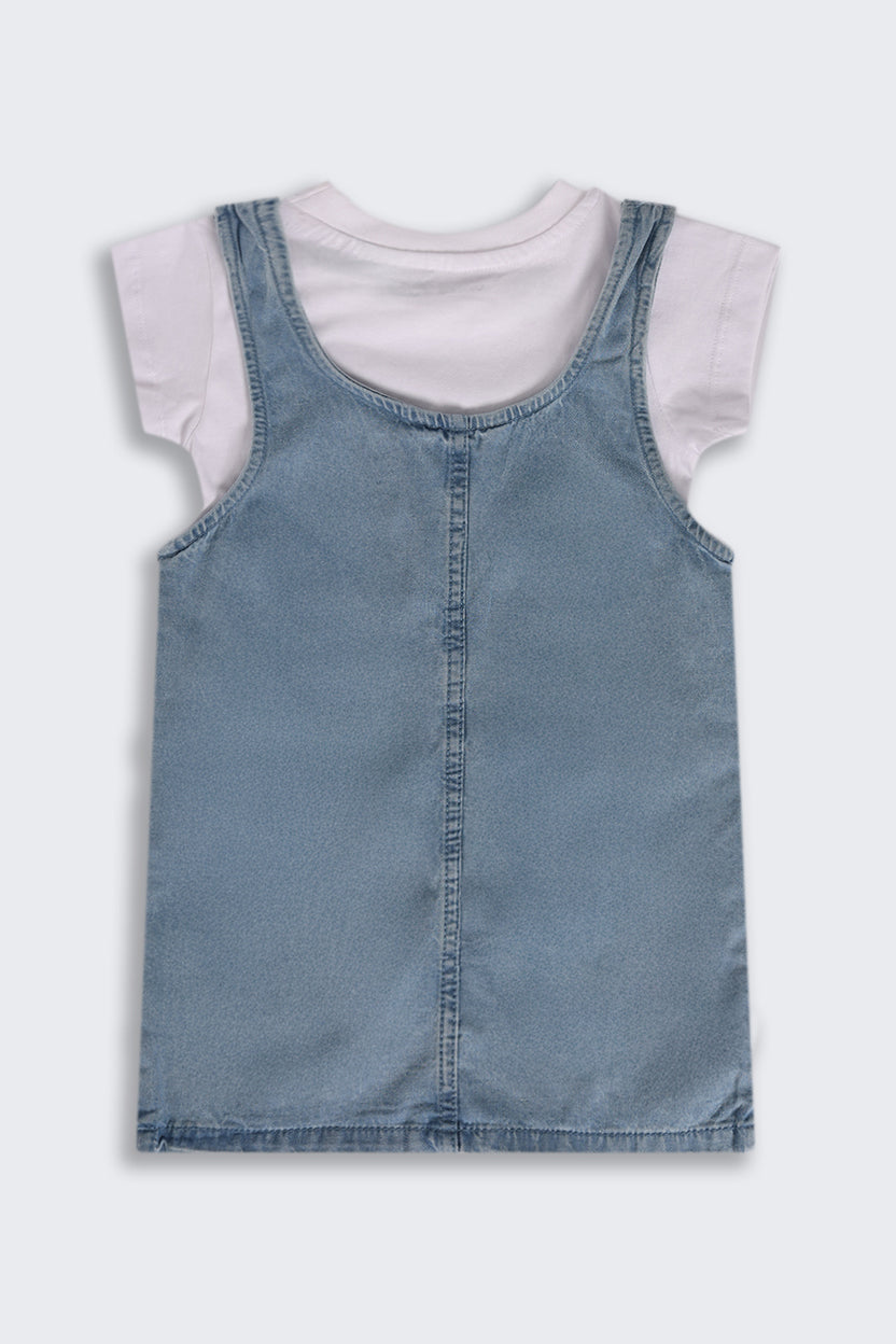 Light Blue Embroidered Regular Fit Dungaree and T-Shirt For Girls - Image 4